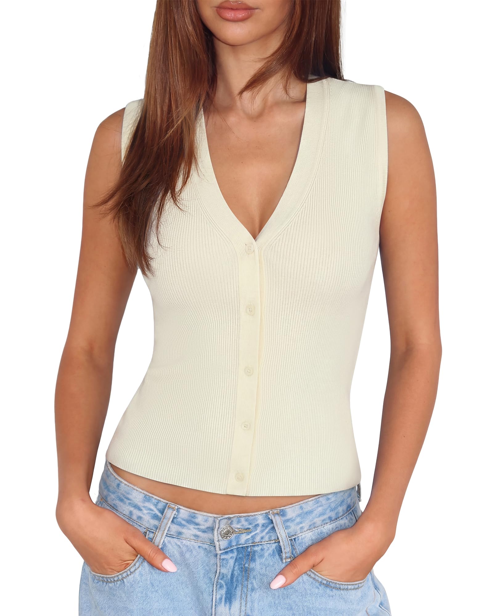 Women Sleeveless Sweater Tops Summer V Neck Button Down Vest Tops Business Casual Work Shirts-image-10