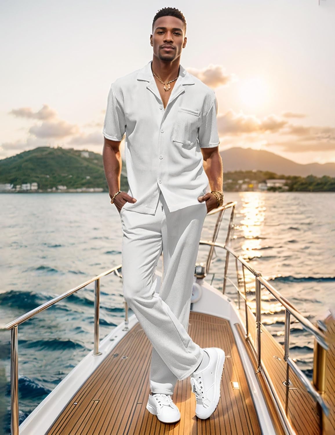 UOUA Mens Summer 2 Piece Set Casual Outfits Button Short Sleeve Shirt & Loose Pants Textured Striped Tracksuit Walking Suits - Image 4