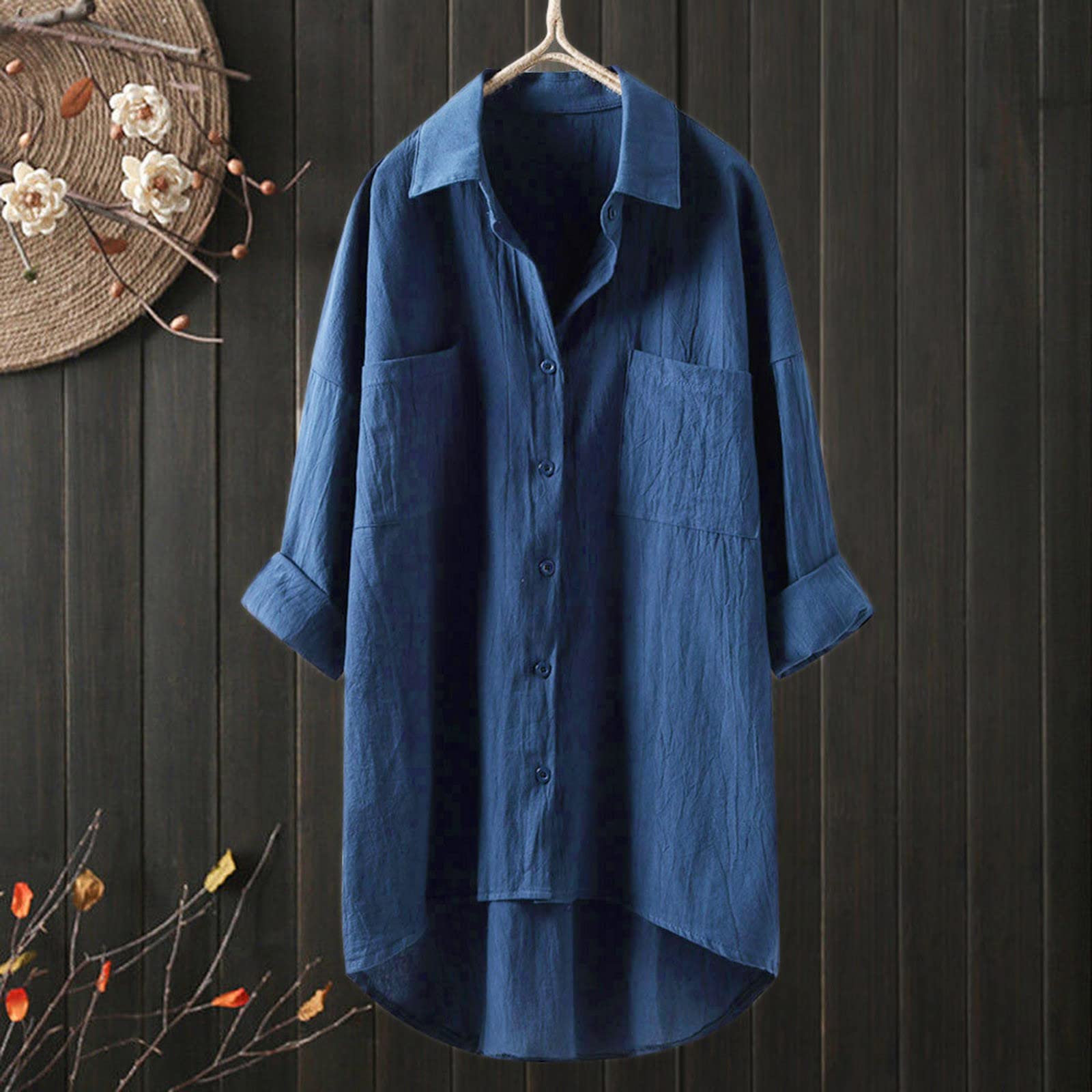 3/4 Sleeve Linen Shirts for Women Solid 2024 Oversized Summer Dress Button Down High Low Ladies Loose Fit Skirts Boho Blue