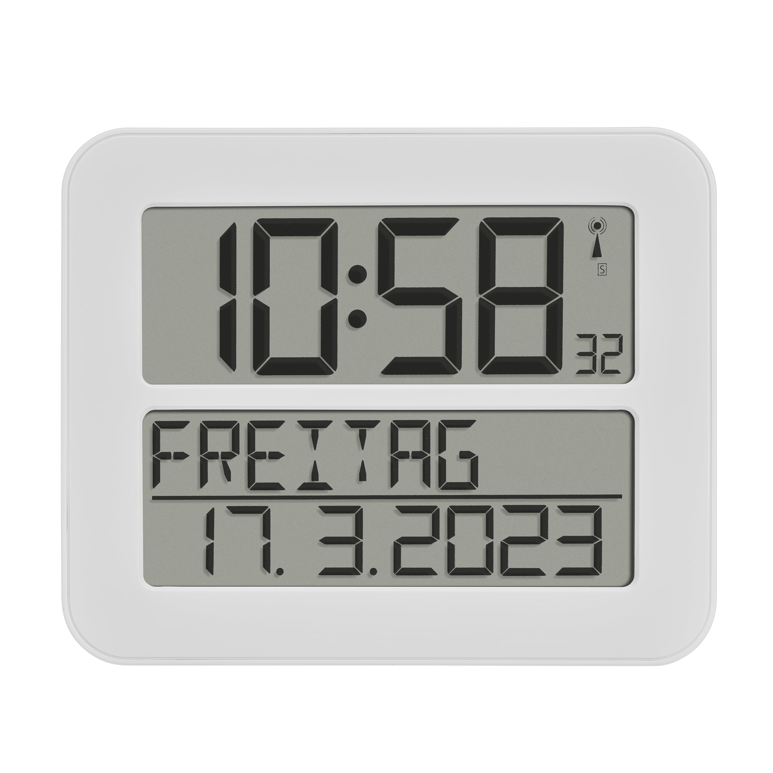 TFA Dostmann orologio digitale da parete TIMELINE MAX, radiocontrollato, 60.4512.02, per un facile orientamento dell'ora, adatto agli anziani, con giorno della settimana (anche in italiano), bianco