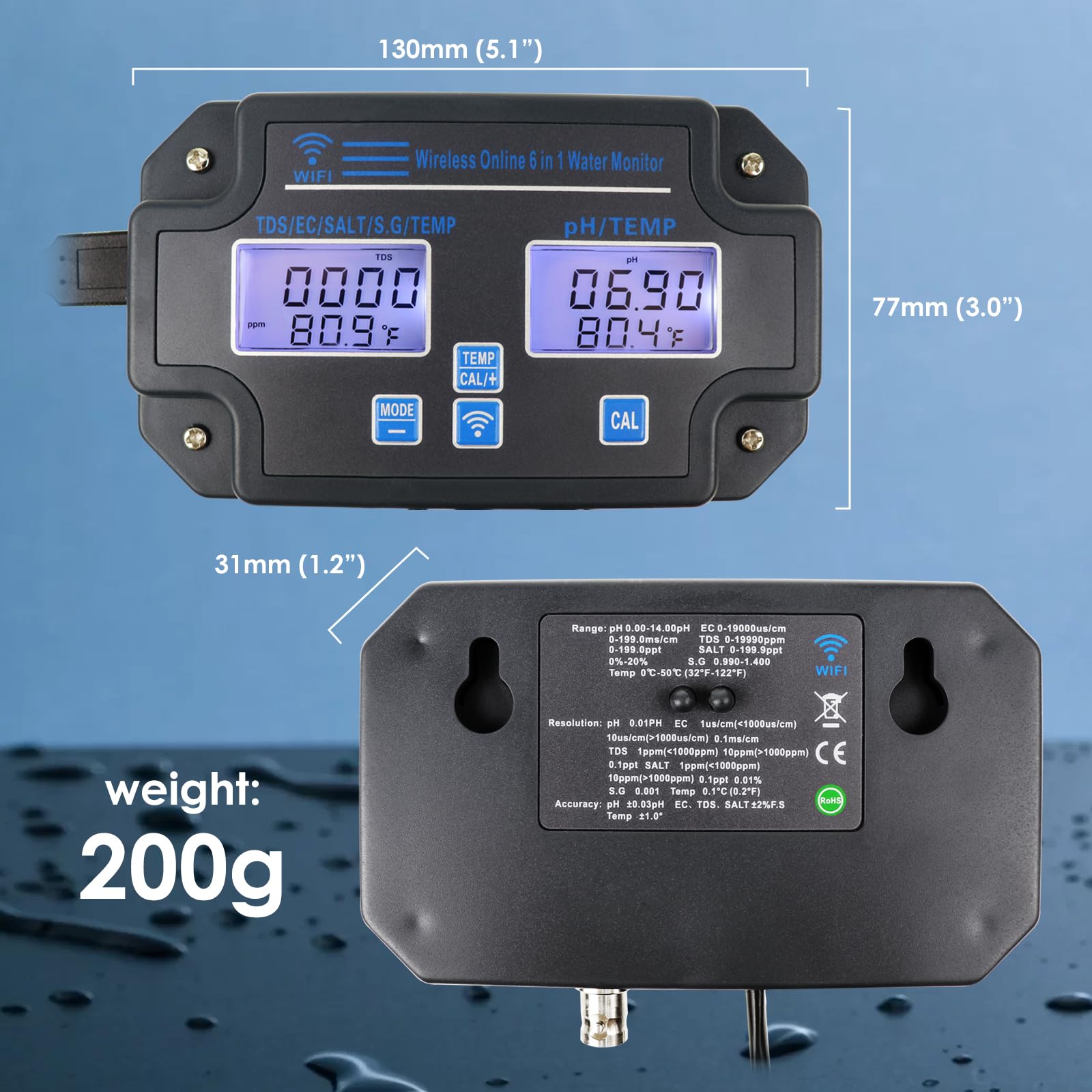 Monitor EC pH per Idroponica, Tester della Qualità dell’Acqua 6-in-1 con Wi-Fi, Misuratore di pH, Monitoraggio Continuo di pH, PPM, EC, CF, Umidità e Temp per Sistemi di Coltivazione Indoor DWC