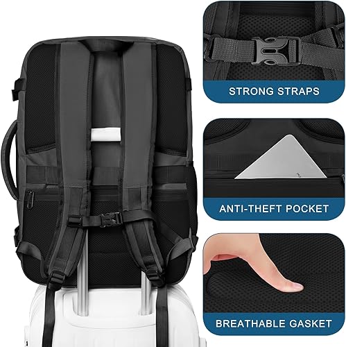 Miniatura 6 de Mochila de viaje grande, mochila de mano para aviones, mochila para laptop de 17 pulgadas para hombres, mochila impermeable expandible de 45 L,