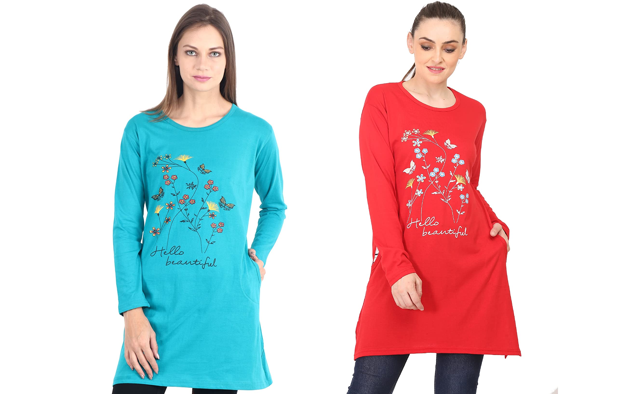 CRAFTLYRegular Loose Fit Cotton Round Neck Printed Full Sleeve T-Shirt, Night Sleep, Yoga, Lounge and Daily Use Gym Wear Long Tops and Tees for Women Ladies and Girls Combo (Pack of 2)