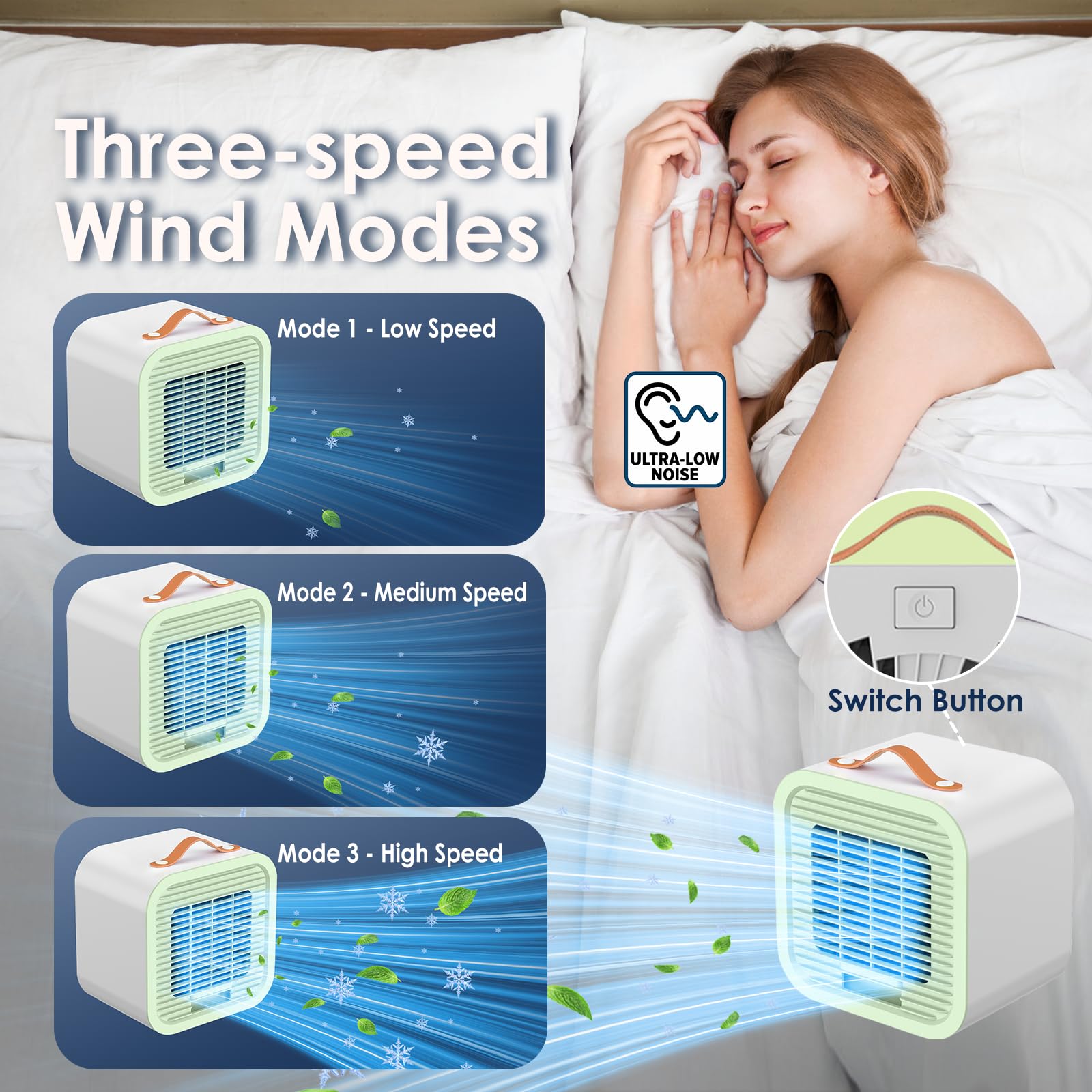Mini Enfriador de Aire Portátil,Mini USB Ventilador con 3 Velocidades,Enfriador de Aire Portátil Silencioso,USB Recargable Aire Acondicionado Personal para Dormitorio Oficina Camping