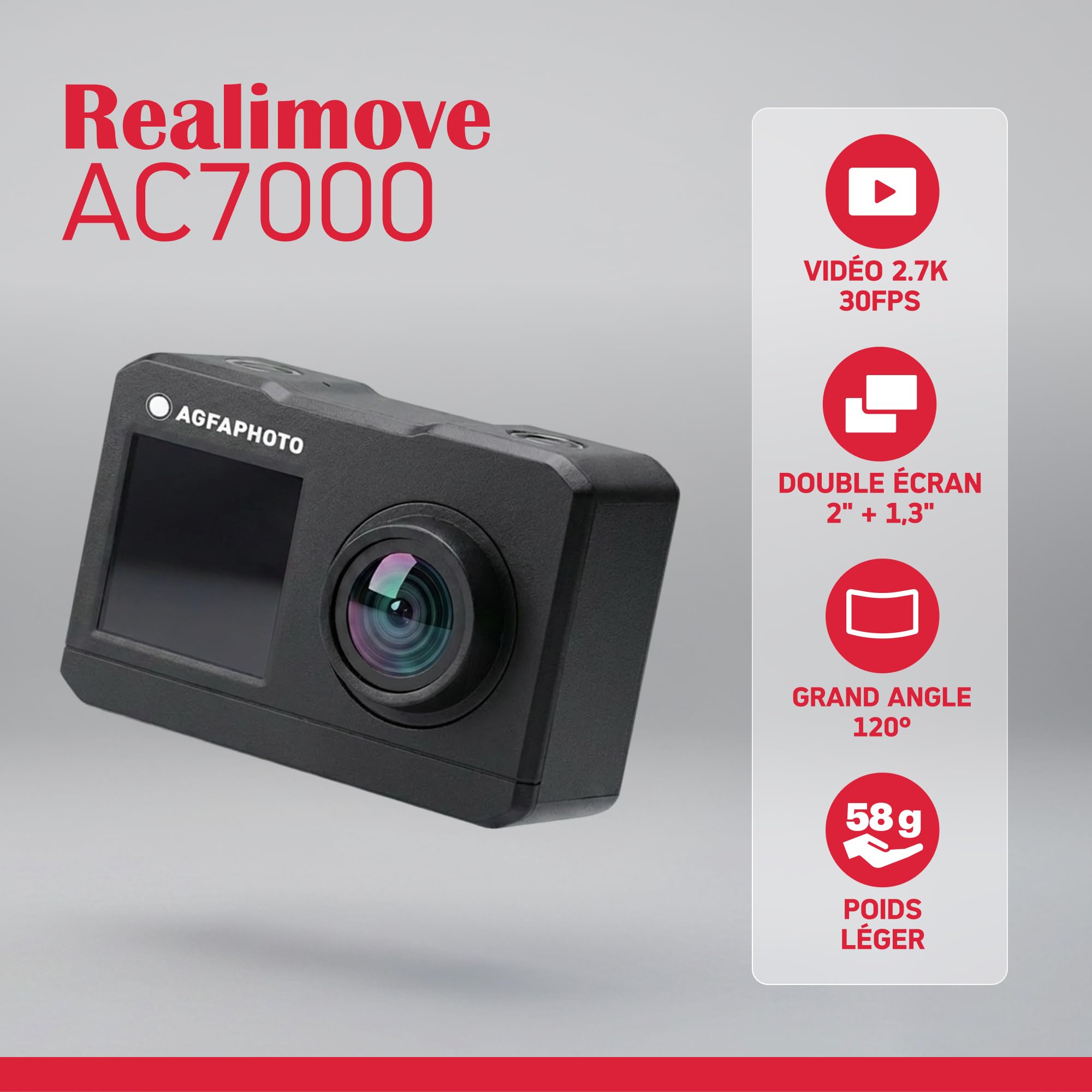 AGFAPHOTO - Caméra de Sport - AC7000 - True 2.7K 30FPS, Double Écran Tactiles, Grand Angle 120°, Boitier étanche 30m - WiFi - 10 Accessoires Inclus | Provenance France. Emballage securisé. Livré avec Facture dont TVA.