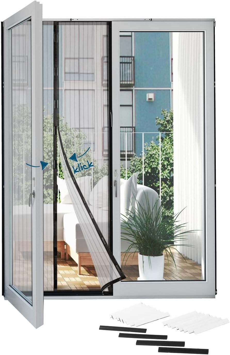 HobergFly Screen Door with Magnetic Closure, 100 x 210 cm, Ideal for Balcony Door, Cellar Door, Patio Door, Easy Adhesive Mounting with 16 Velcro Fasteners, No Drilling, with 4 Rails for Weighing