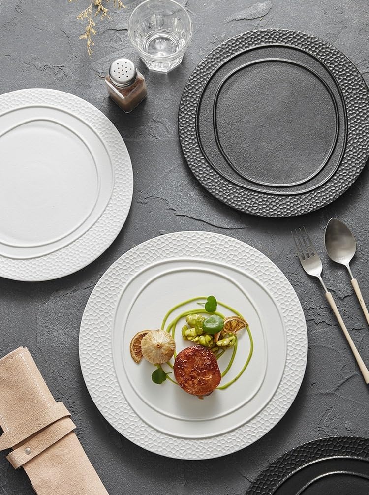 Plato de Cerámica con Relieve Martillado, Bandeja para Servir Mate Blanca/Negra | apto para lavavajillas/horno, vajilla minimalista