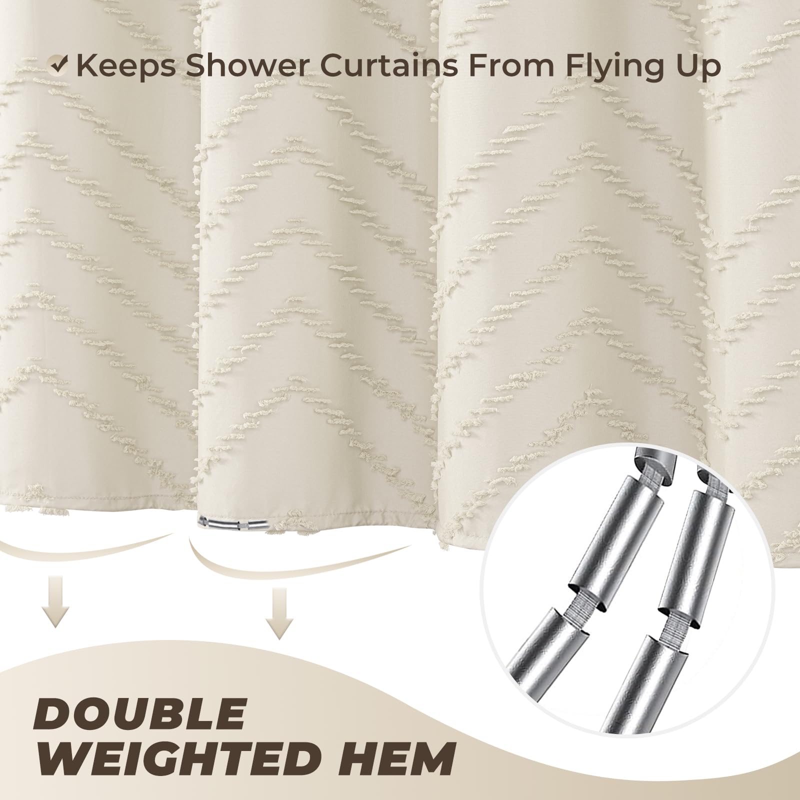 Rideau de douche de style bohème rustique en tissu touffeté à chevrons texturés, rideau minimalistes pour salle de bain, 1,83 x 2,4 m, crème