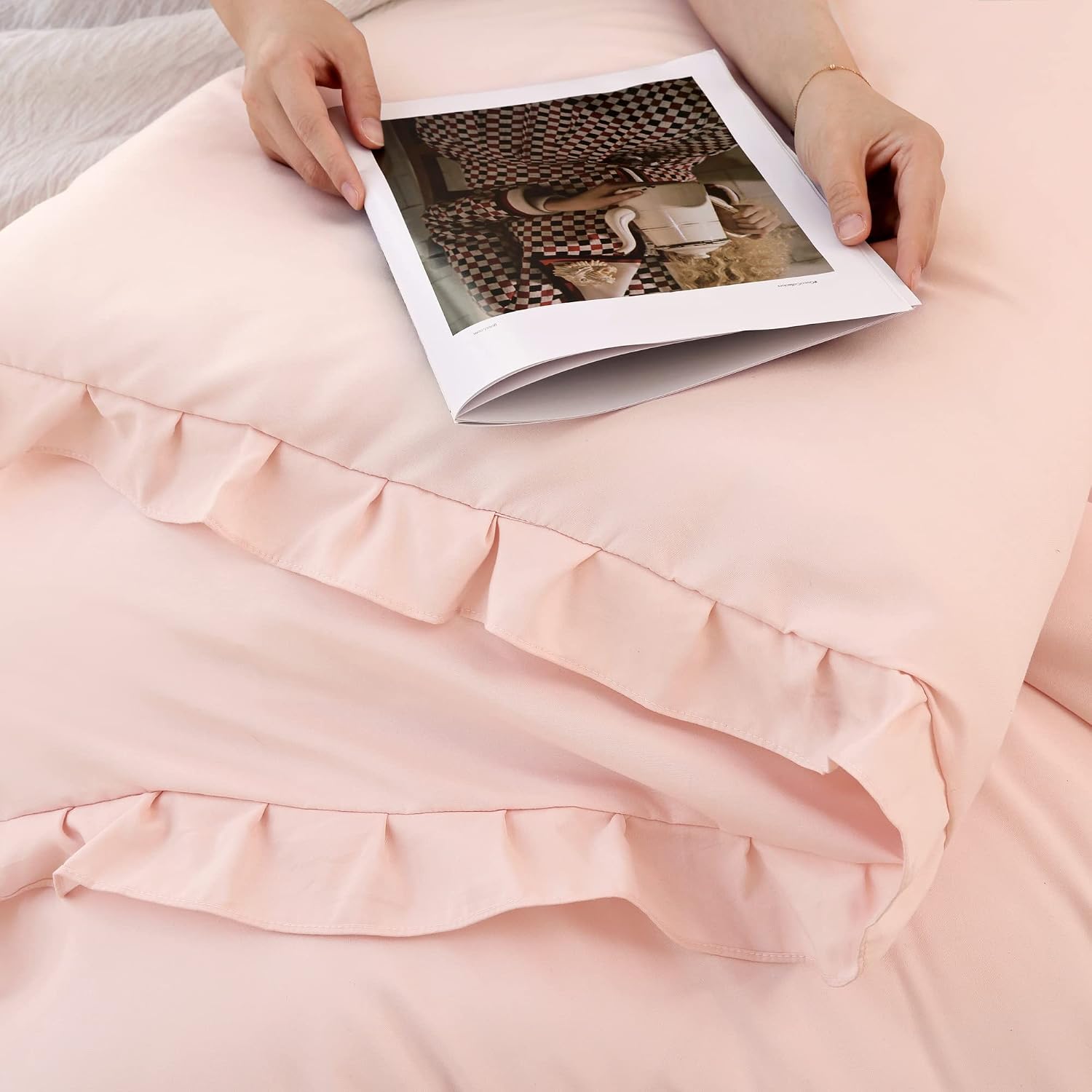 Smoofy Blush Ruffle Comforter Set King Size, 3 Pcs Pink Boho Vintage Shabby Chic Bedding Set, Soft Fluffy Microfiber Comforter Set for All Season