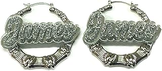 Personalized Custom Silver 2.5 Inch Size Bamboo Earrings Hoop Name Plate Laser Cut Diamond Look Script Cursive Letters Design Stunning Look - Quality, Attractive Gold Bamboo Earrings, Made To Order - Any Name