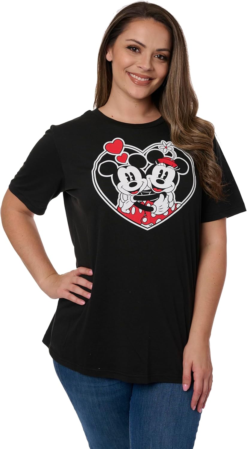Disney Womens Plus Size T-Shirt Mickey and Minnie Mouse Heart Print (Black)