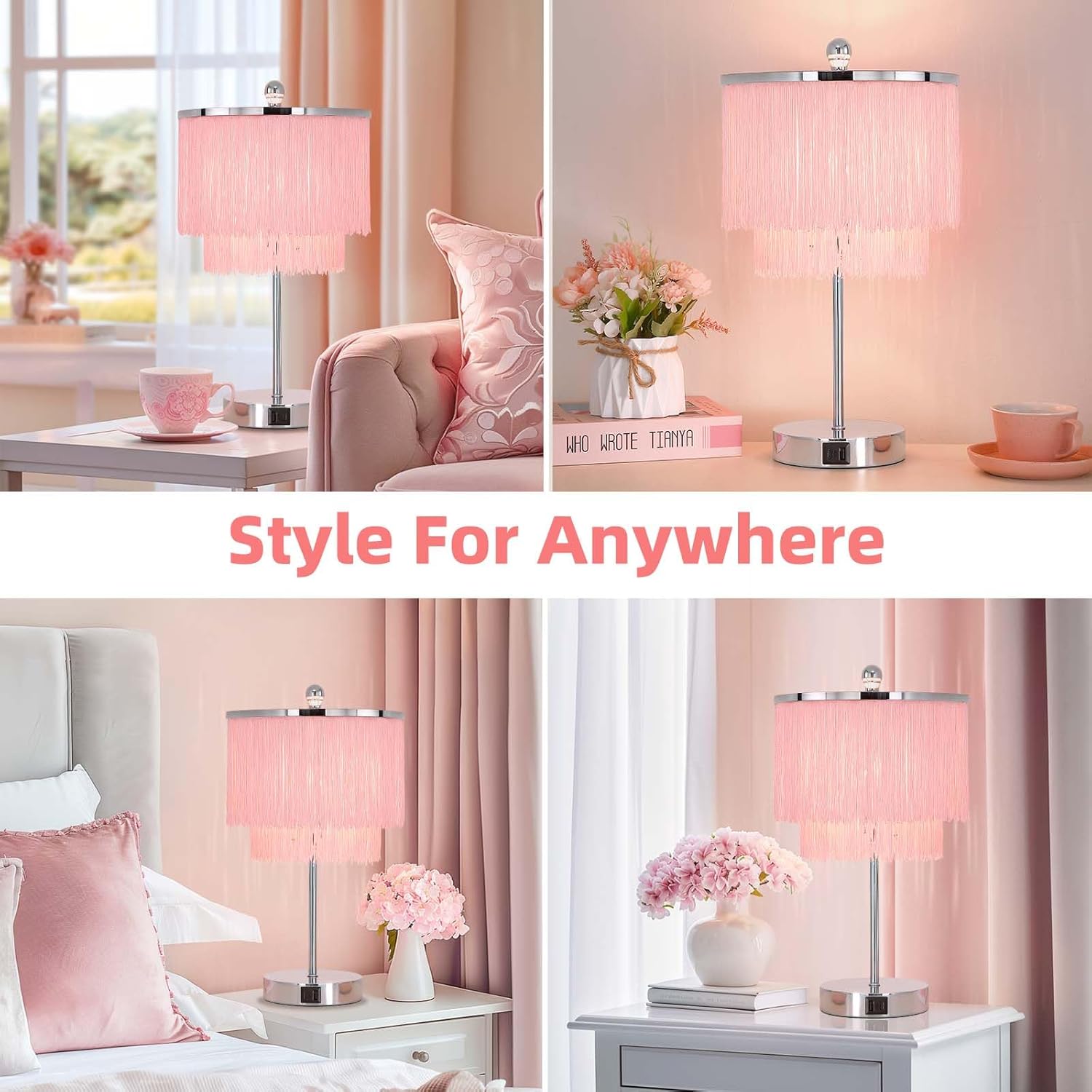 Pink Lamp for Girls Room, 3-Way Dimmable Touch Lamps with USB Port, Girls Lamp with Tassel Lampshade, Pink Table Lamp for Bedroom, Living Room, Dresser, Nightstand, LED Bulb Included