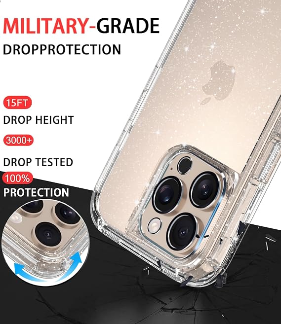 Diverbox iPhone 16 Pro用 ケース 耐衝撃 落下防止 強化ガラススクリーンプロテクター+カメラプロテクター Apple iPhone 16 Pro用高耐久保護フォンケースカバー グリッタークリア