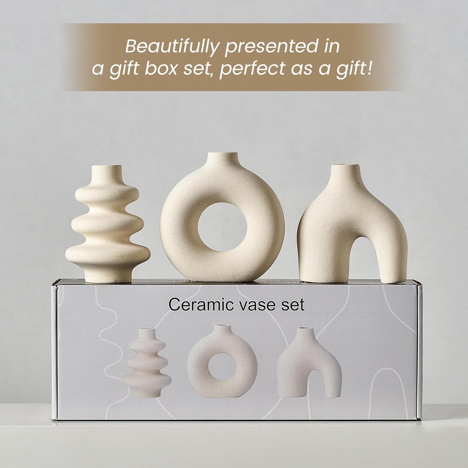 White Ceramic Vase Set of 3, Small Flower Vases for Pampas Grass, Modern Boho Vase for Decor, Round White Vases Centerpieces for Wedding Living Room Bedroom Coffee Table Dinner Table