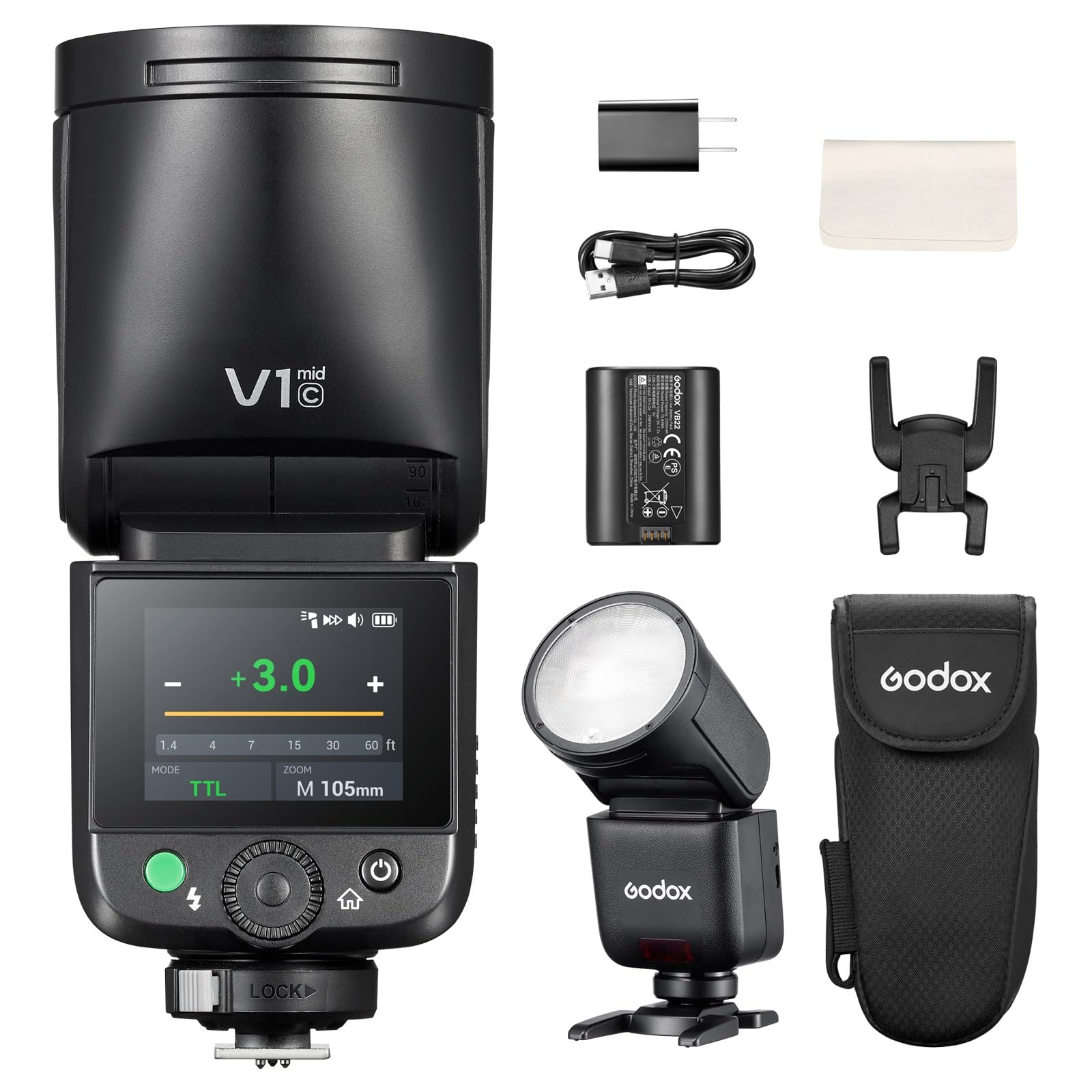 Godox V1 Mid C 55Ws Flash fotocamera testa rotonda Canon 2.4G Wireless TTL HSS 1/8000 USB-C Riciclo rapido 1.7s Batteria litio 7.2V 2200mAh