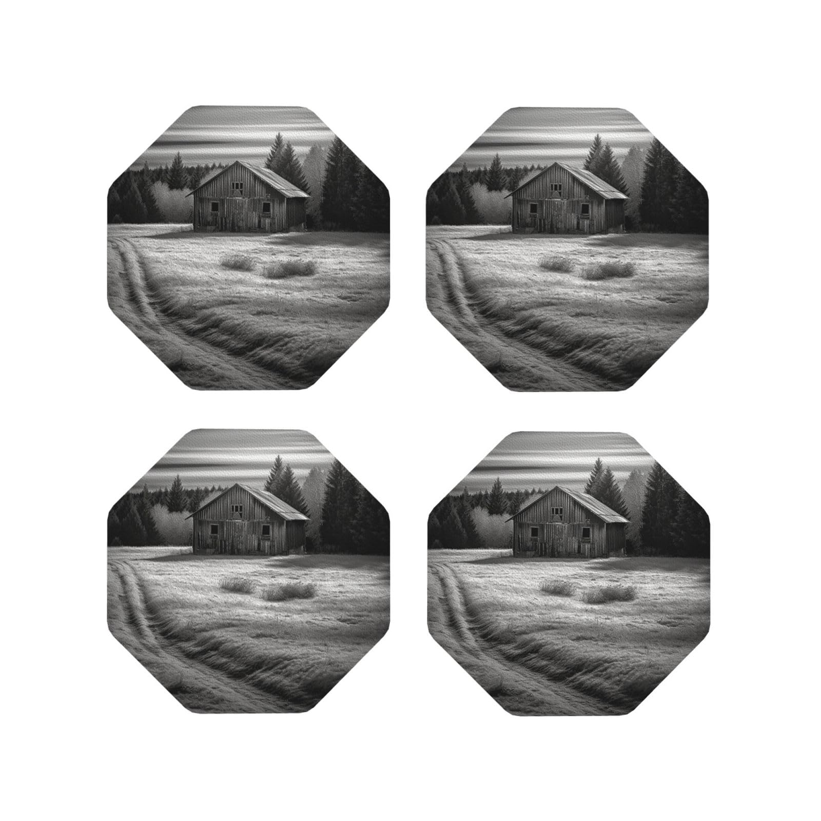 4Pcs PU Leather Coaster for Drinks, Barn Black and White Cup Coastersr 4" Cup Mat Pad, Aesthetic Drink Coasters for Coffee Table, Octagon Coaster for Tabletop Protection