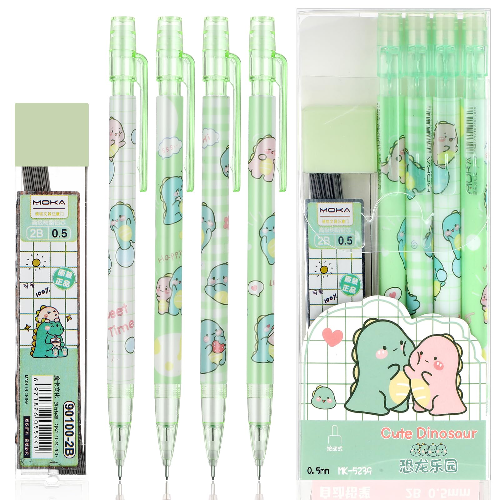 Mabor 4 Pcs Cute Mechanical Pencil Set Including 0.5mm Cartoon Pencils with 1 Tubes Refills Cute Stationery Set Back to School Office Supplies for Writing Drawing Sketching(Green)
