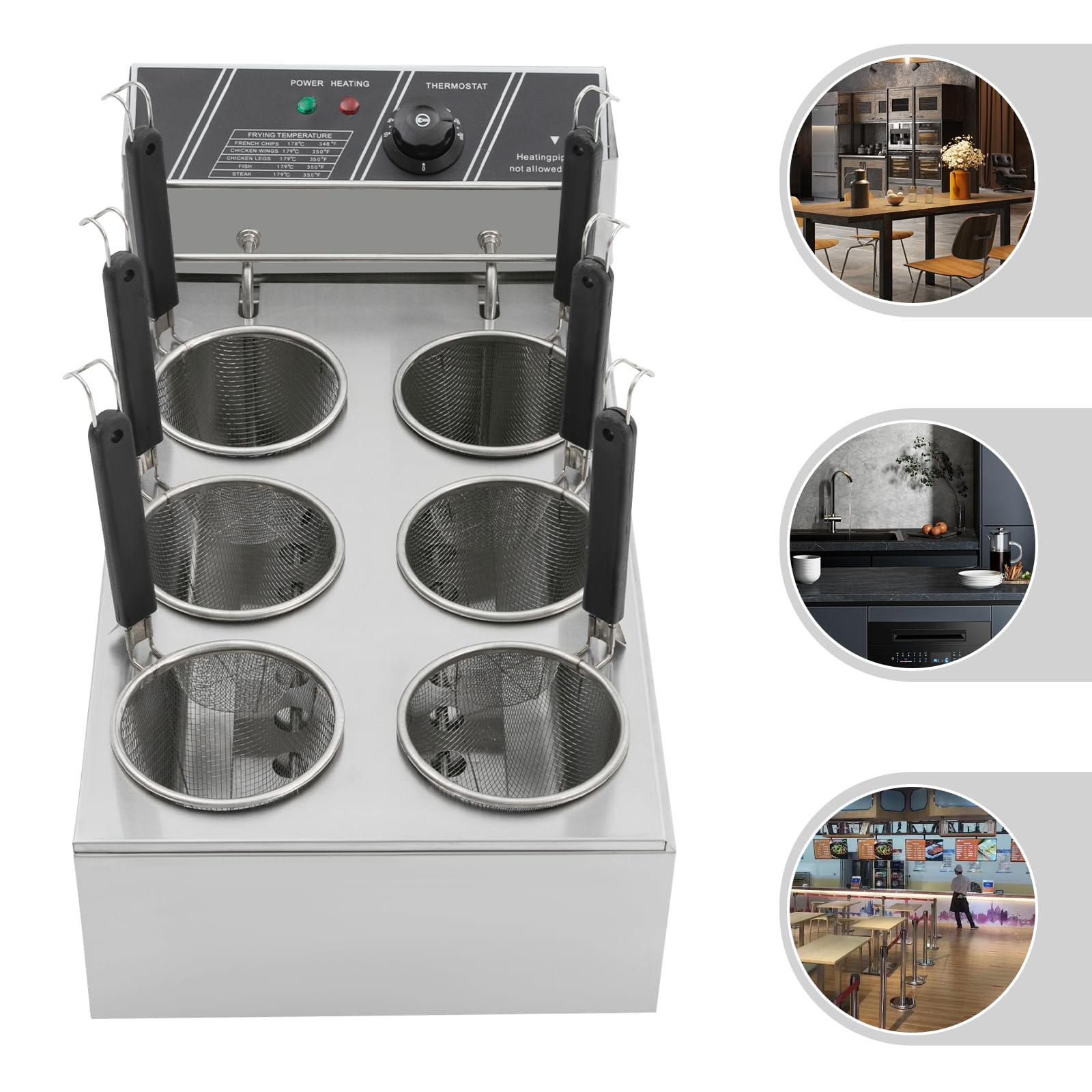 Pentola elettrica per pasta con colino, in acciaio inox, 6 cestini, 2000 W, 20 litri, intervallo di temperatura 60-200 °C, per gastronomia, cucina, pasta, 64 x 35 x 31 cm