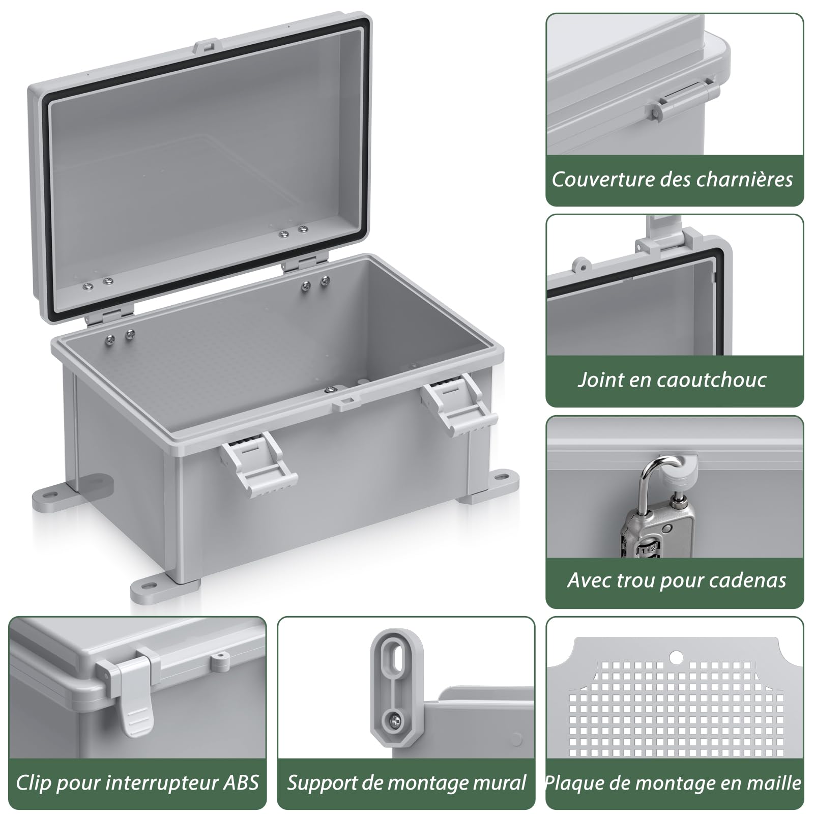 EYPINS Boîte de distribution étanche IP67, boîte de jonction étanche en plastique ABS - Boîtier extérieur - Boîte électrique avec accessoires de montage - 30 x 20 x 16 cm - Armoire électrique grise