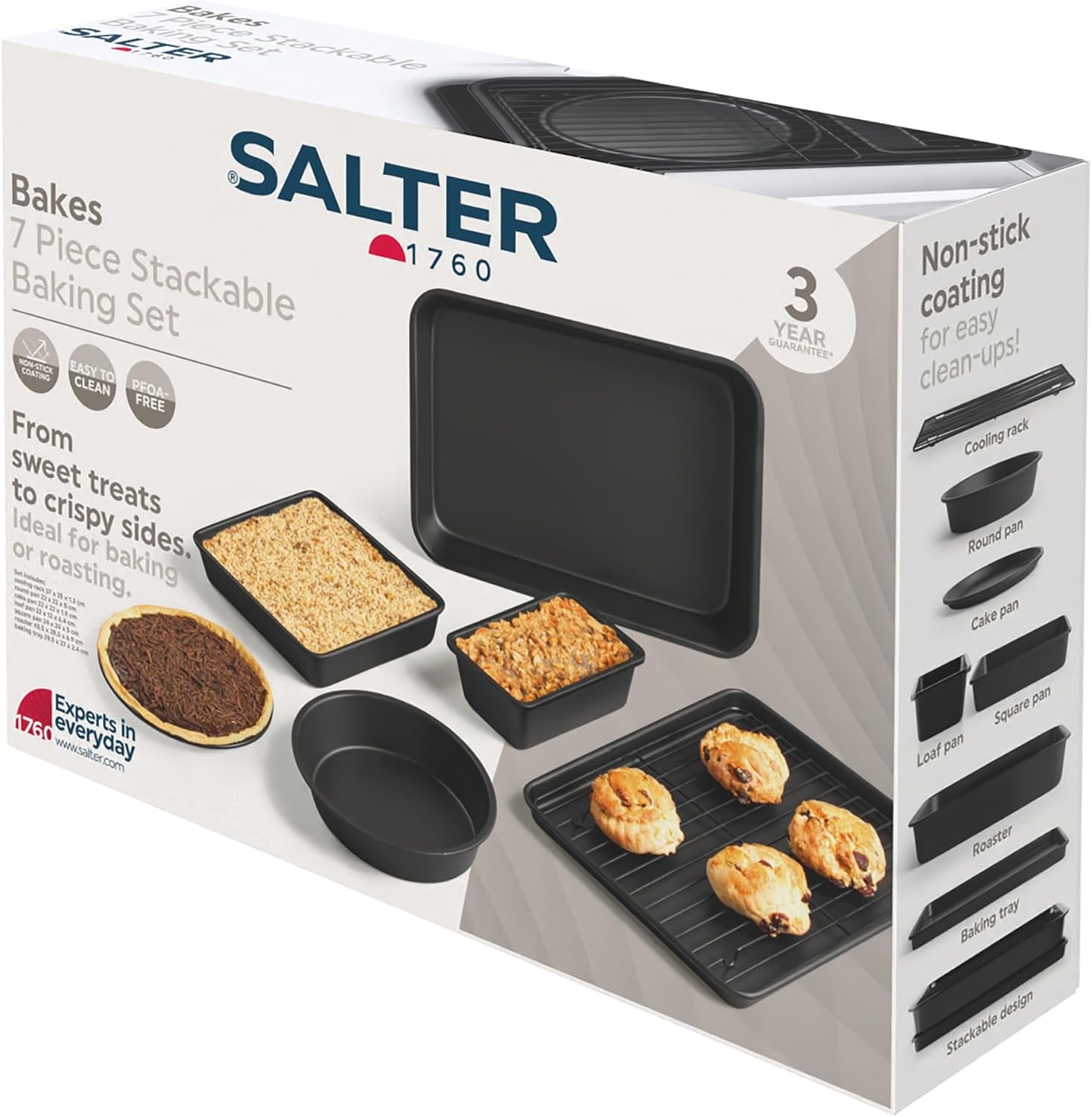 Salter BW12572EU7 Bakes Stackable 7 Piece Bakeware Set – Non-Stick With Baking Tray, Cake Tin, Tart Tin, Loaf Pan, Brownie Pan, Roasting Tin, Cooling Rack, Compact Storage, PFOA-Free, Oven Safe, Black