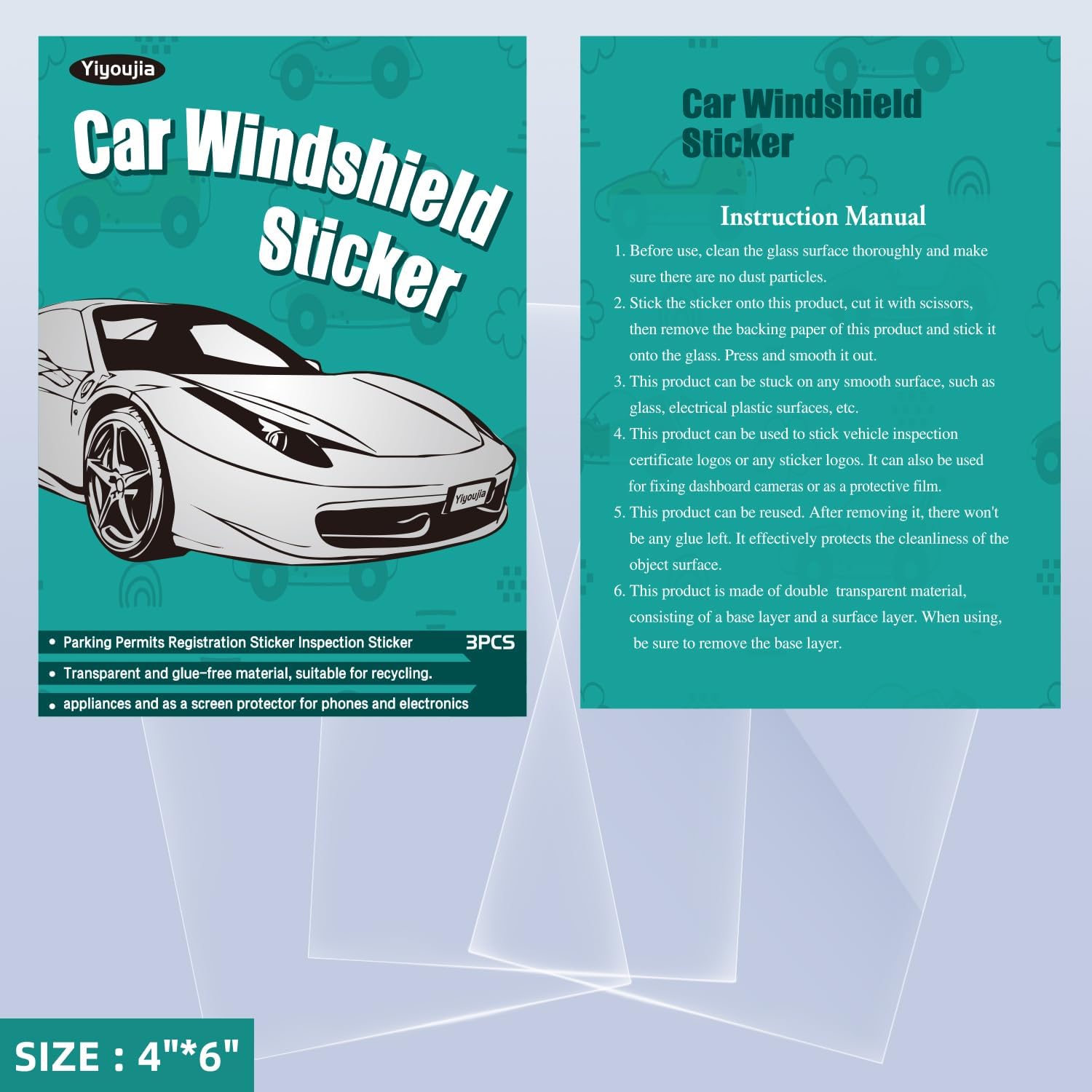 Car Windshield Sticker Applicator, Static Cling for Stickers Easy Application, Removal - 4"X6" -3PCS ，Suitable for Vehicle recorders and Electronic Devices Installation