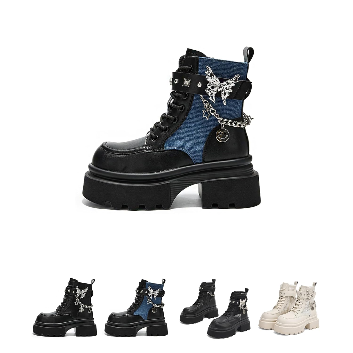Womens Visual Kei Grunge Punk Goth Ankle Boots - Leather Upper- Metal Rhinestone- Lace - up- Platform Heel-Breathable