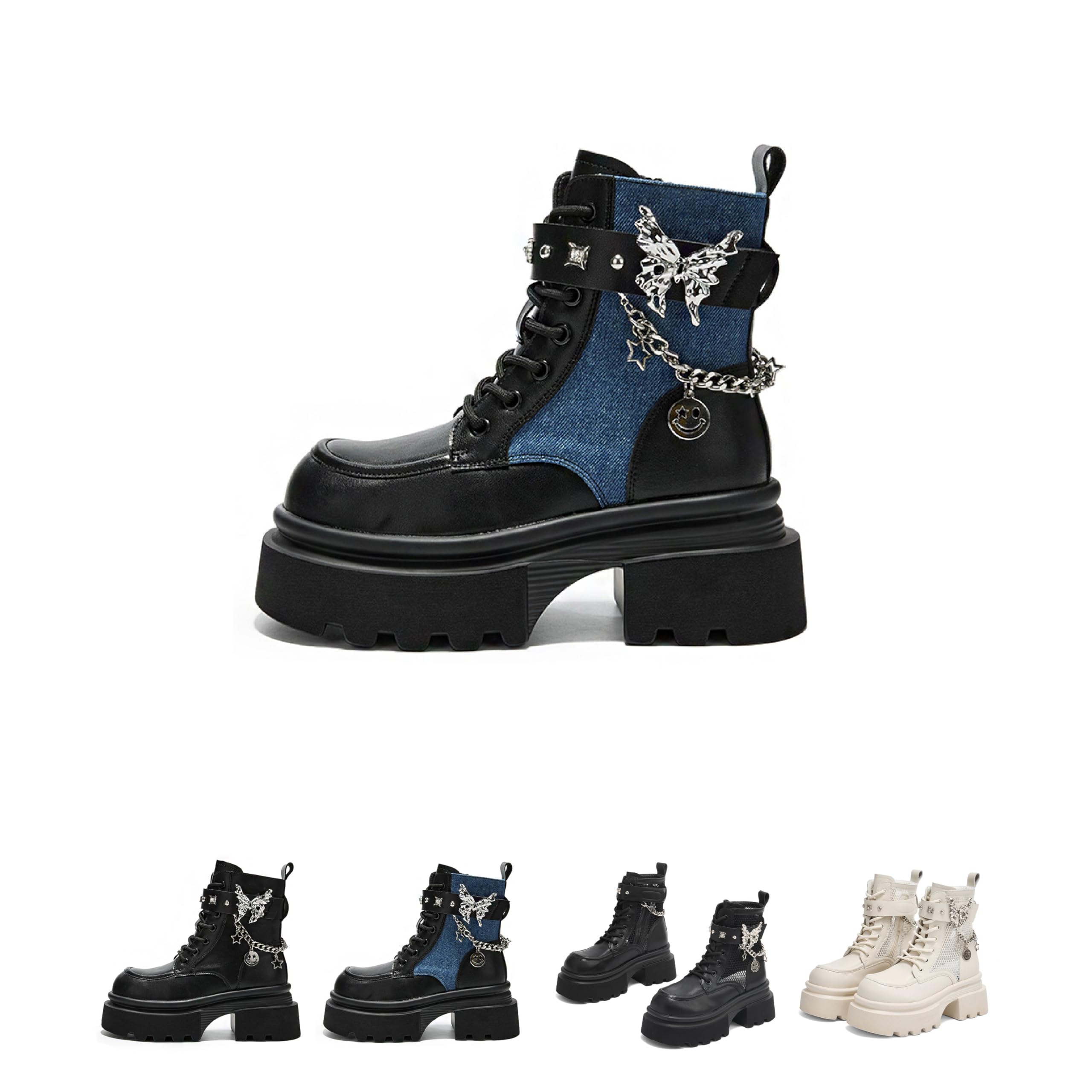 Womens Visual Kei Grunge Punk Goth Ankle Boots - Leather Upper- Metal Rhinestone- Lace - up- Platform Heel-Breathable