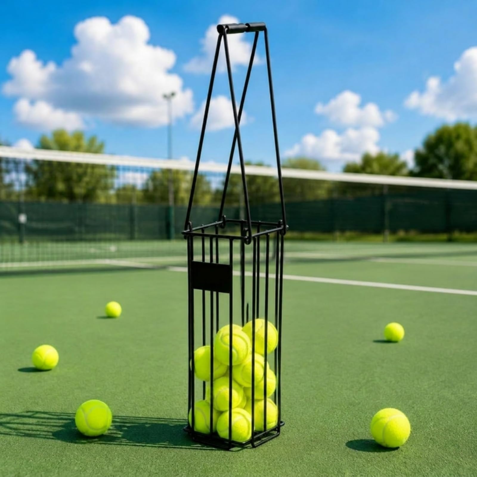 Amagogo Raccoglipalle da Tennis Cesto Raccoglitore Carrello Cesta Contenitore in Metallo con Manico Lungo Cestino a Griglia Capienza Multipla Uso Quotidiano Adatto per Allenamento in Scuole Casa