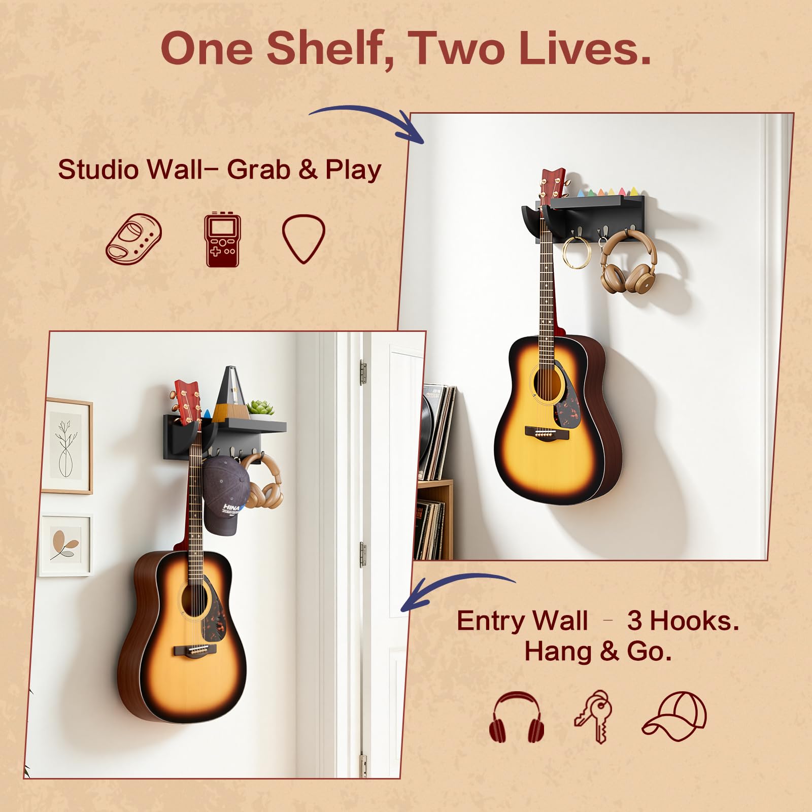 Bikoney - Colgador de pared para guitarra, soporte de pared para guitarra, madera con 3 ganchos, color negro