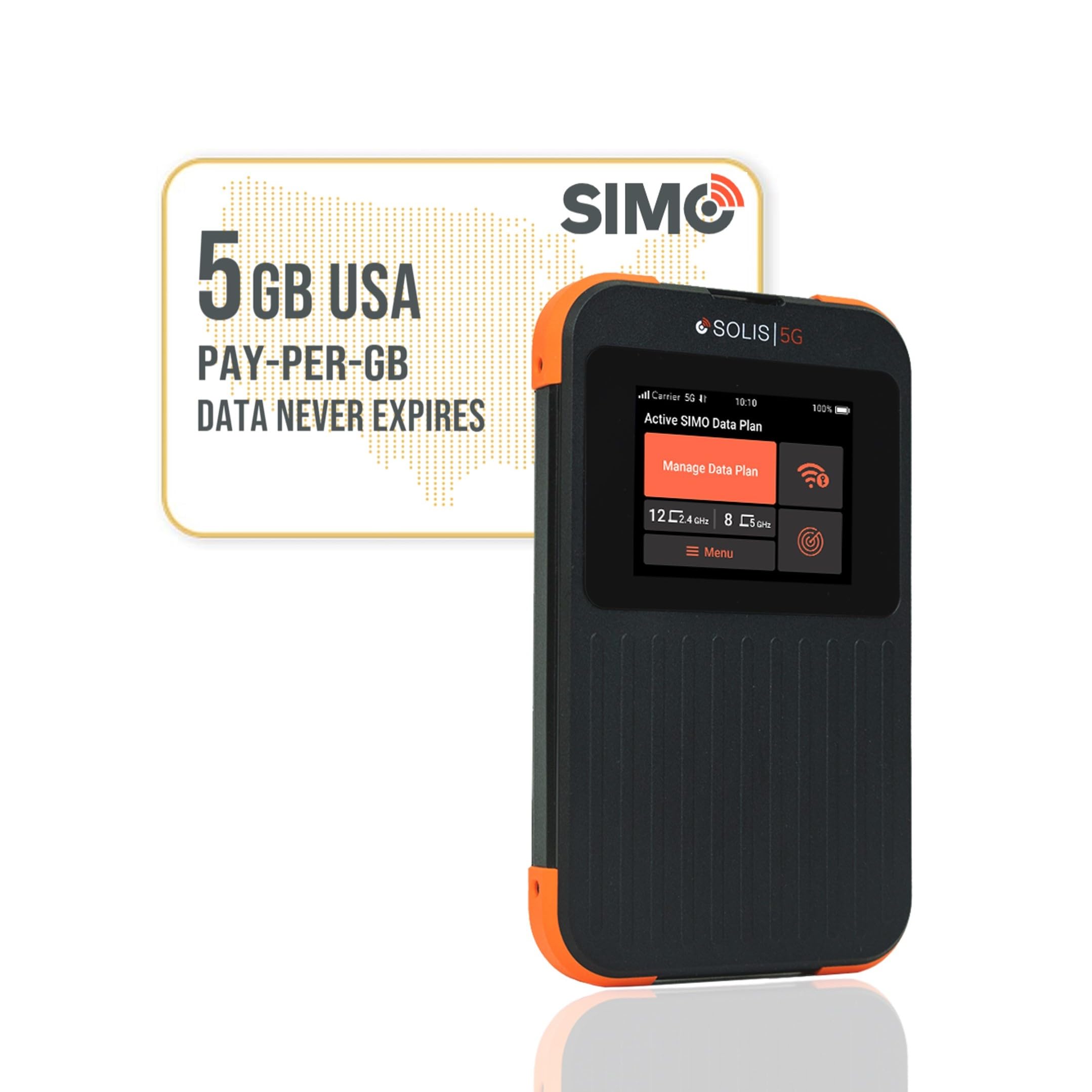 SIMO Solis 5G WiFi Mobile Hotspot + 5GB US Data Card, Local and International Coverage Router, Multi-Carrier Access, No Contract or SIM Card Required, 16 Connected Devices, 1GB/Month Lifetime Data