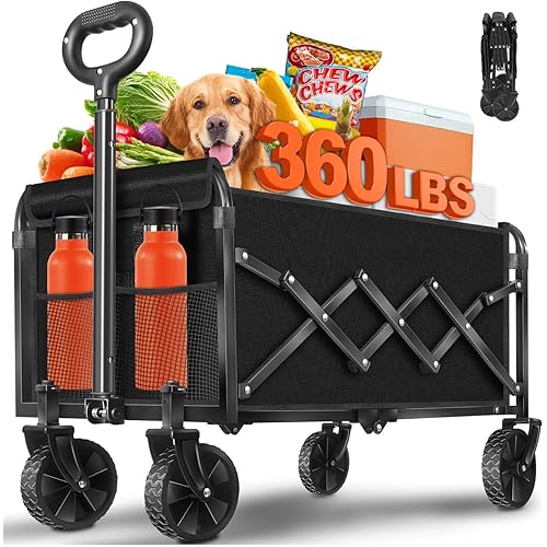 Wagons Carts Foldable, Collapsible Wagon, Foldable Wagon Cart with Wheels, Folding Wagons for Beach Camp Sports Garden, 2 Cup Holders/Lightweight Portable/Black/360 LBS