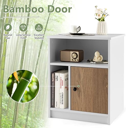 Miniatura 7 de Tangkula Juego de 2 mesitas de noche mesa auxiliar de madera con puerta de bambú y compartimentos abiertos mesa de noche multifuncional de 3 niveles
