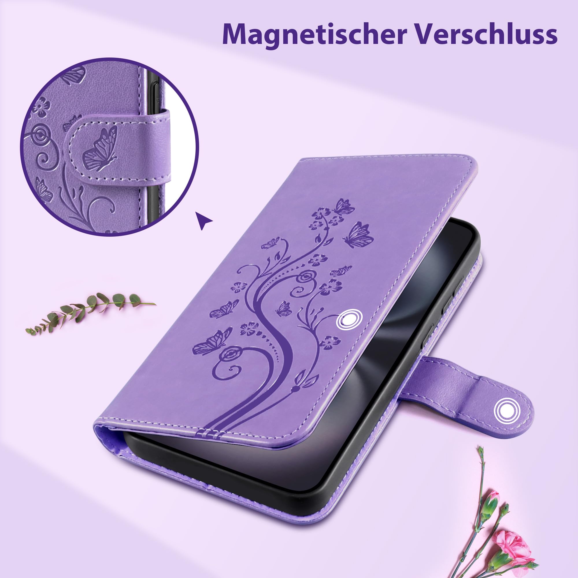Etui na telefon komórkowy iPhone 16 z przegródką na karty, miejscem na pieniądze, stojakiem, magnetycznym zamknięciem, skórzane etui ochronne, fioletowe