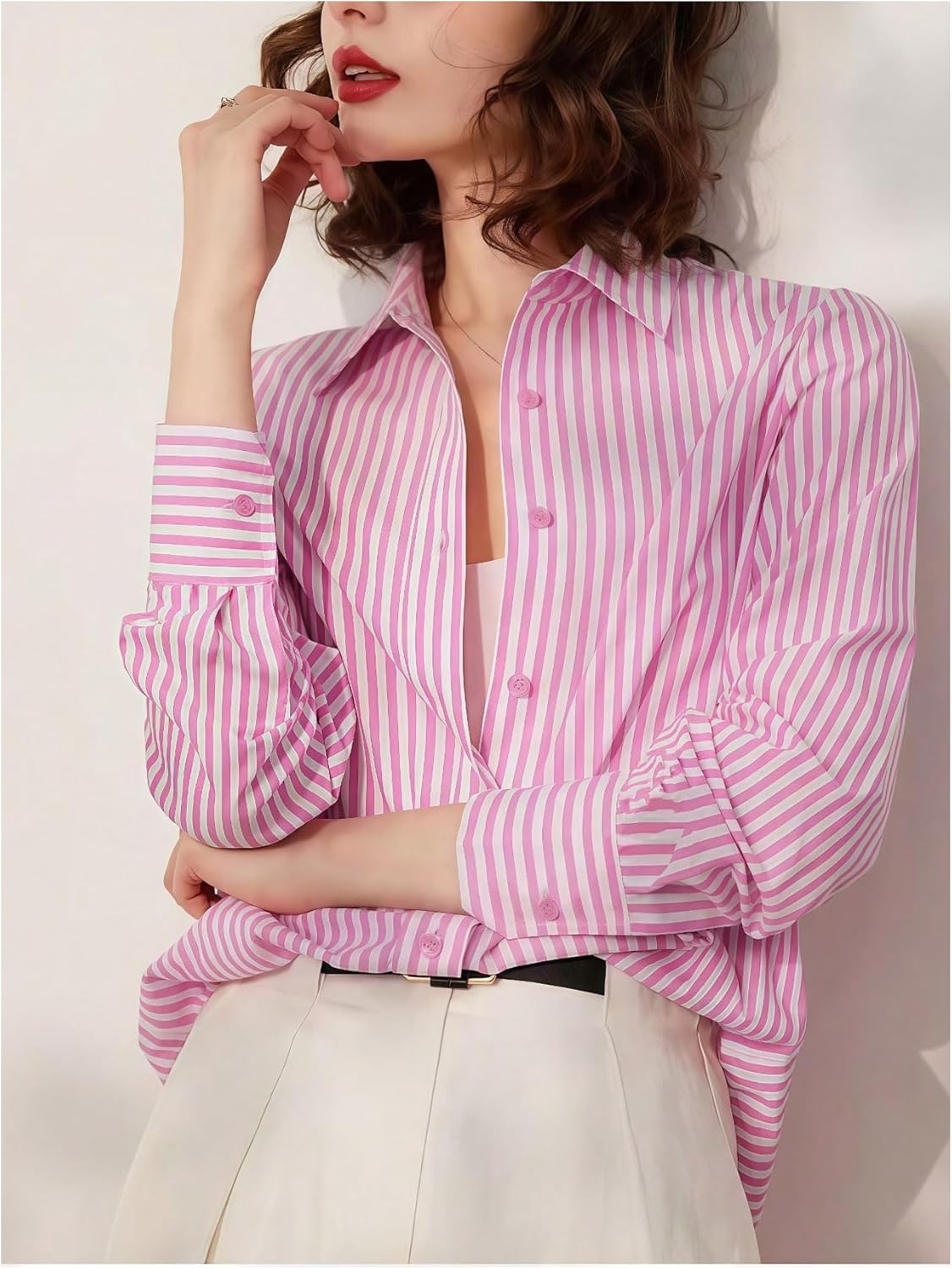 GORGLITTER Women's Button Up Striped Blouse Business Casual Outfit Long Sleeve Dressy Shirts - Image 2