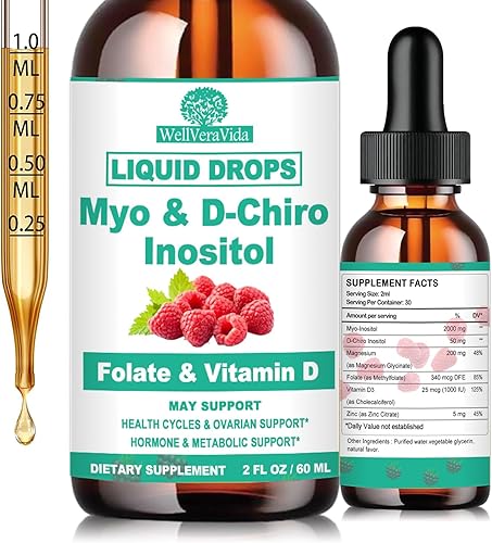 Myo Inositol & D-Chiro Inositol Suplemento líquido para mujeres - Ideal 401 relación gotas de inositol con MTHF Folato, magnesio, vitamina D, apoya