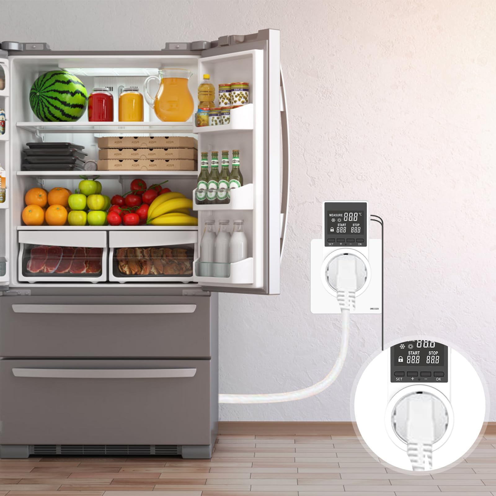 Temperaturregler 230v mit Fühler: Digitaler Steckdosen Thermostat mit LCD Bildschirm, Play und Plug Temperatur Feuchtigkeit Regler mit 2pc Thermometerkopf für Gewächshaus, Aquarium, Terrarium