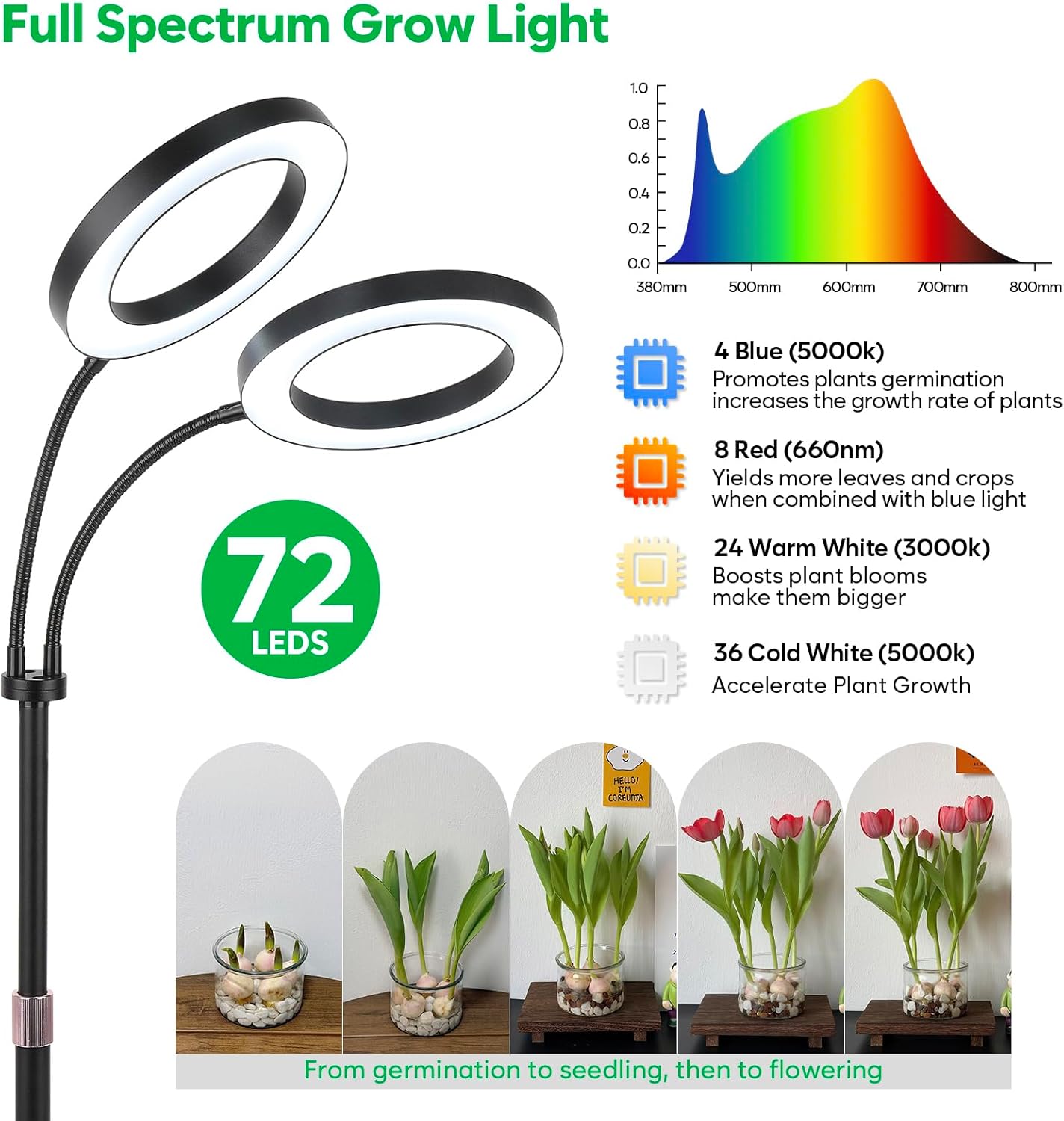 Dual-Head Grow Lights for Indoor Plants, LED Full Spectrum Floor Plant Lamp with Timer 3/9/12H, 10 Dimmable Levels, Flexible Gooseneck, Height Adjustable 23"-67" for Large Houseplants