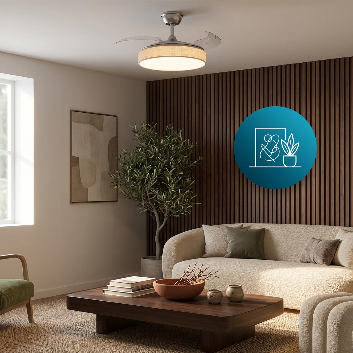 Cecotec Ventilatore da Soffitto con Luce con 3 Pale Retrattili EnergySilence Aero 3666 Invisible Textile. 30W, Motore DC, Diametro 36", 3 Toni LED, Telecomando, 6 Velocità, Timer, Design In Tessuto