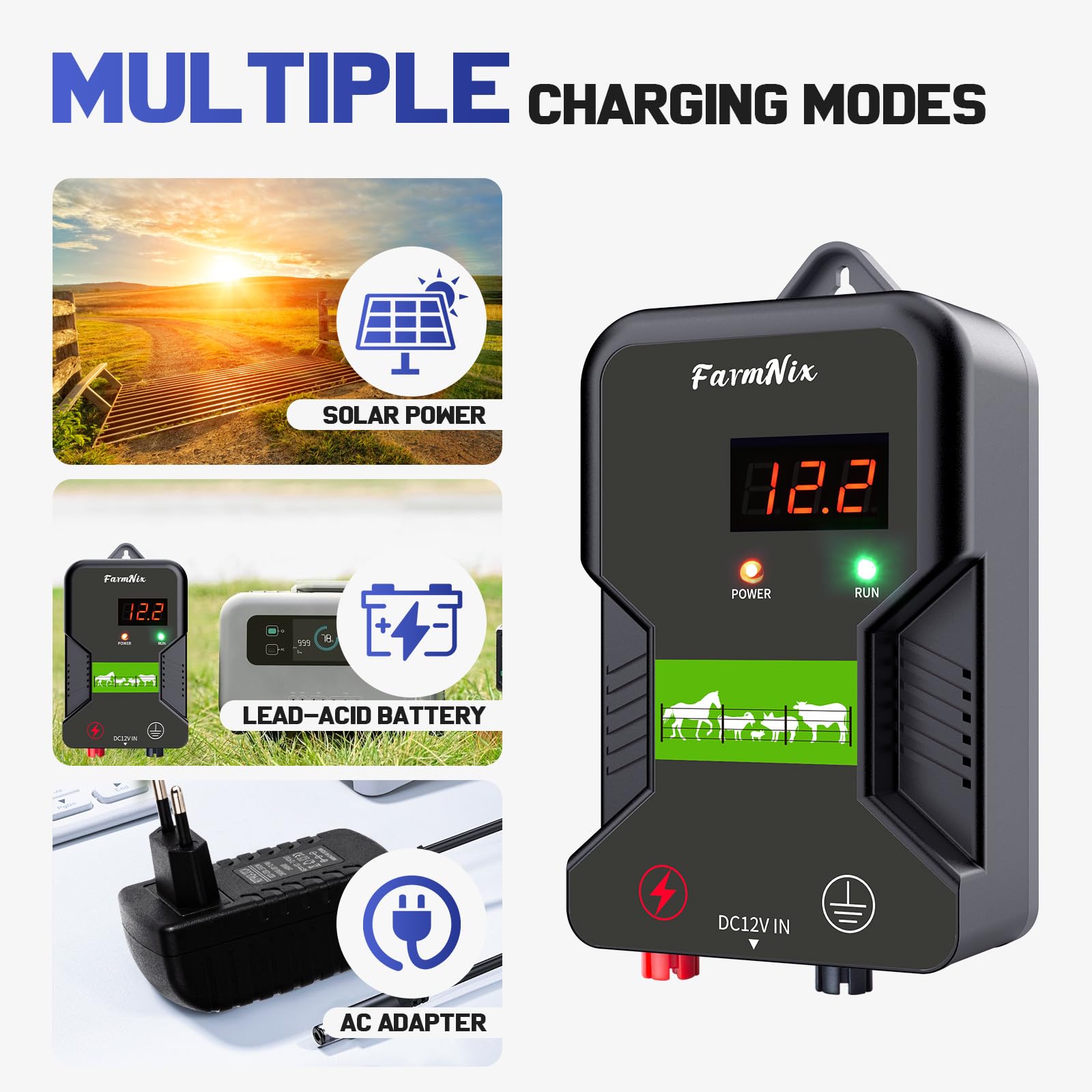 Recinto Elettrico per Animali a 12V con Display a LED, Portata 15 km, 2 Joule Elettrificatore per Recinto Elettrico 12KV per La Protezione di Bestiame, Pascoli Centralina di Controllo(Nero Grigio)