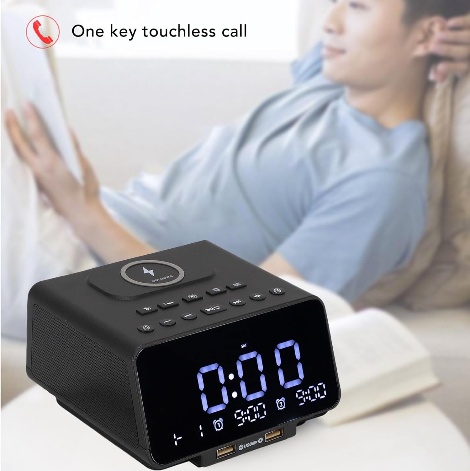 GOWENIC Radio Clock Speaker, Bluetooth Digital Alarm Clock with Wireless Charging, Double USB Ports, Stereo Sound, FM Radio, for Bedroom Office Home Use (US Plug)