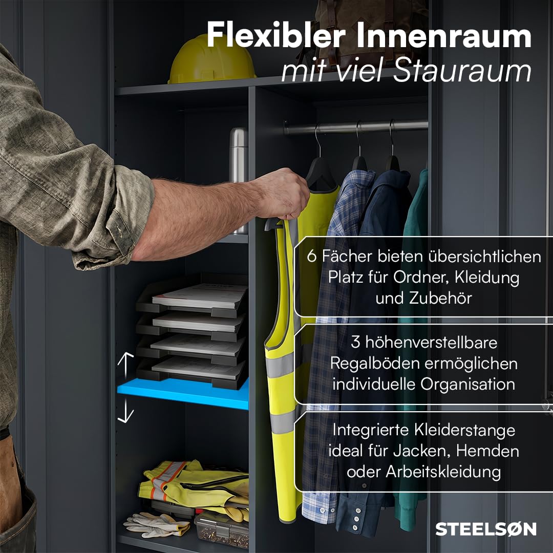 STEELSØN Regulus Metallschrank abschließbar – Garderobenschrank mit 6 Fächern und 1 Kleiderstange – Spind Schrank mit Doppeltüren – Mehrzweckschrank Anthrazit – Kleiderschrank Metall 175x40x80 cm