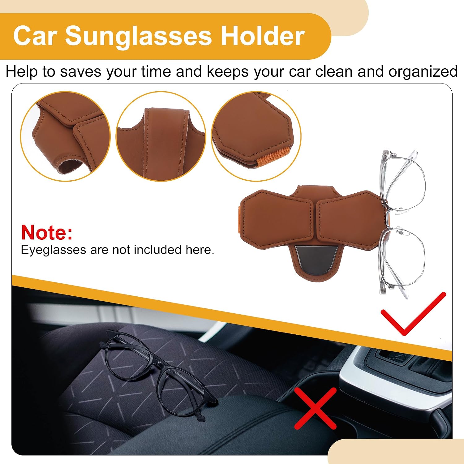Car Sunglasses Clip Magnetic Universal Sun Visor Eyeglasses Holder Clip PU Leather,Zinc Alloy Orange 15.5x10.8cm 1 Pcs