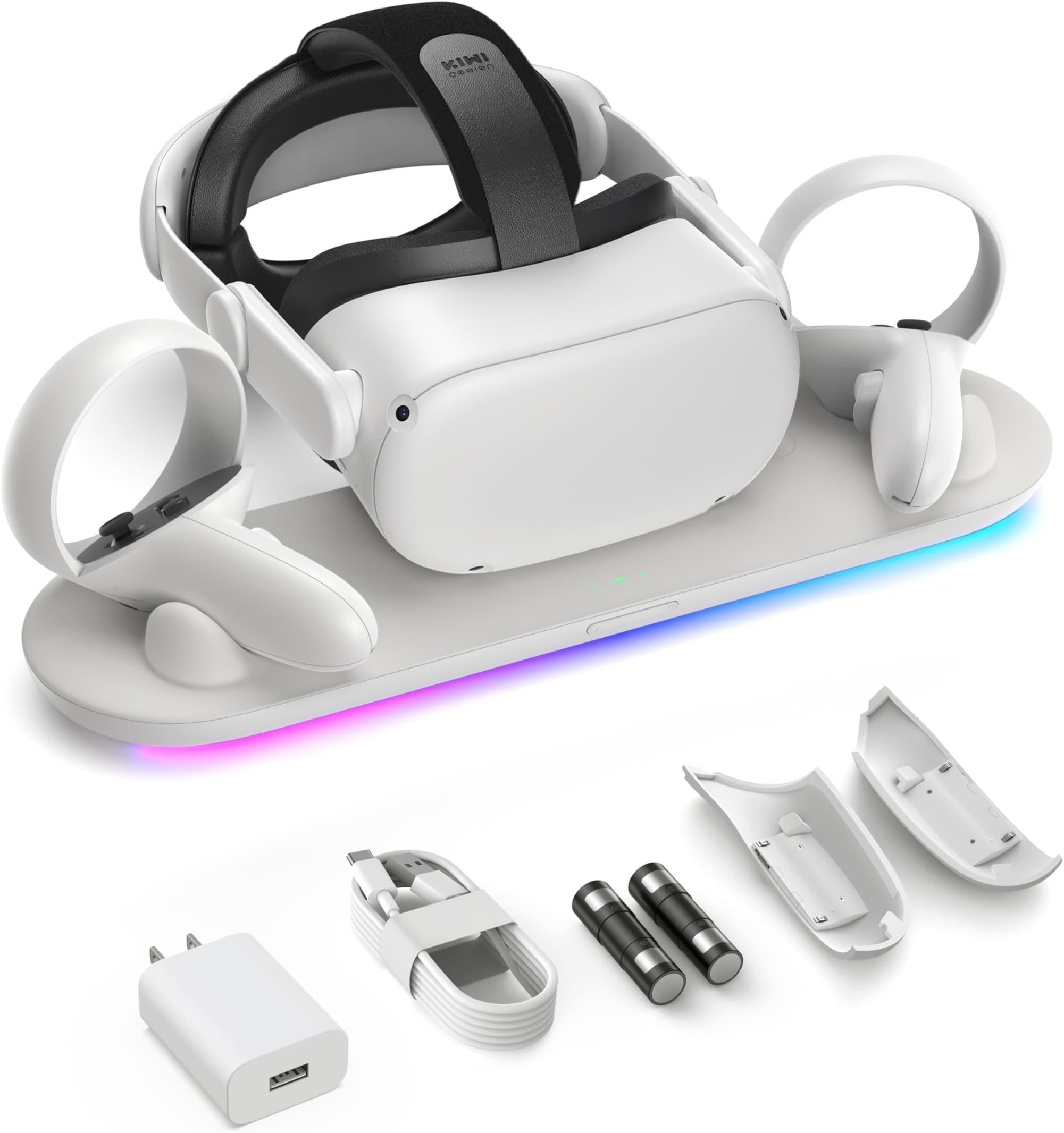 KIWI design Charging Dock for Oculus Quest 2, Magnetic Charging Station for Meta Quest 2 VR Headset & Controllers, 2 Rechargeable 1800mAh Batteries, Supports LED Indicator, Made for Meta