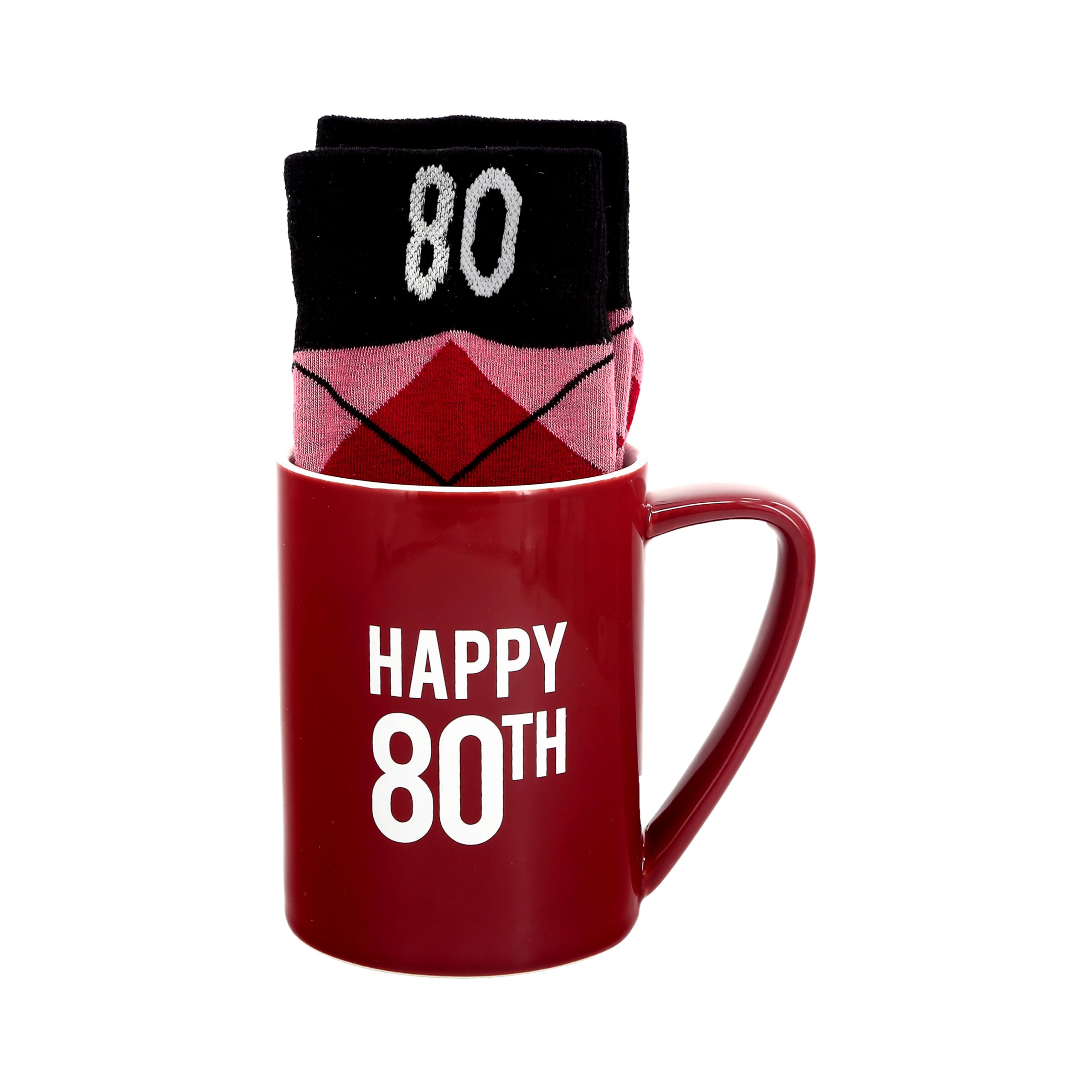 Mug 80 ans anniversaire homme et femme avec chaussettes rouges à losanges