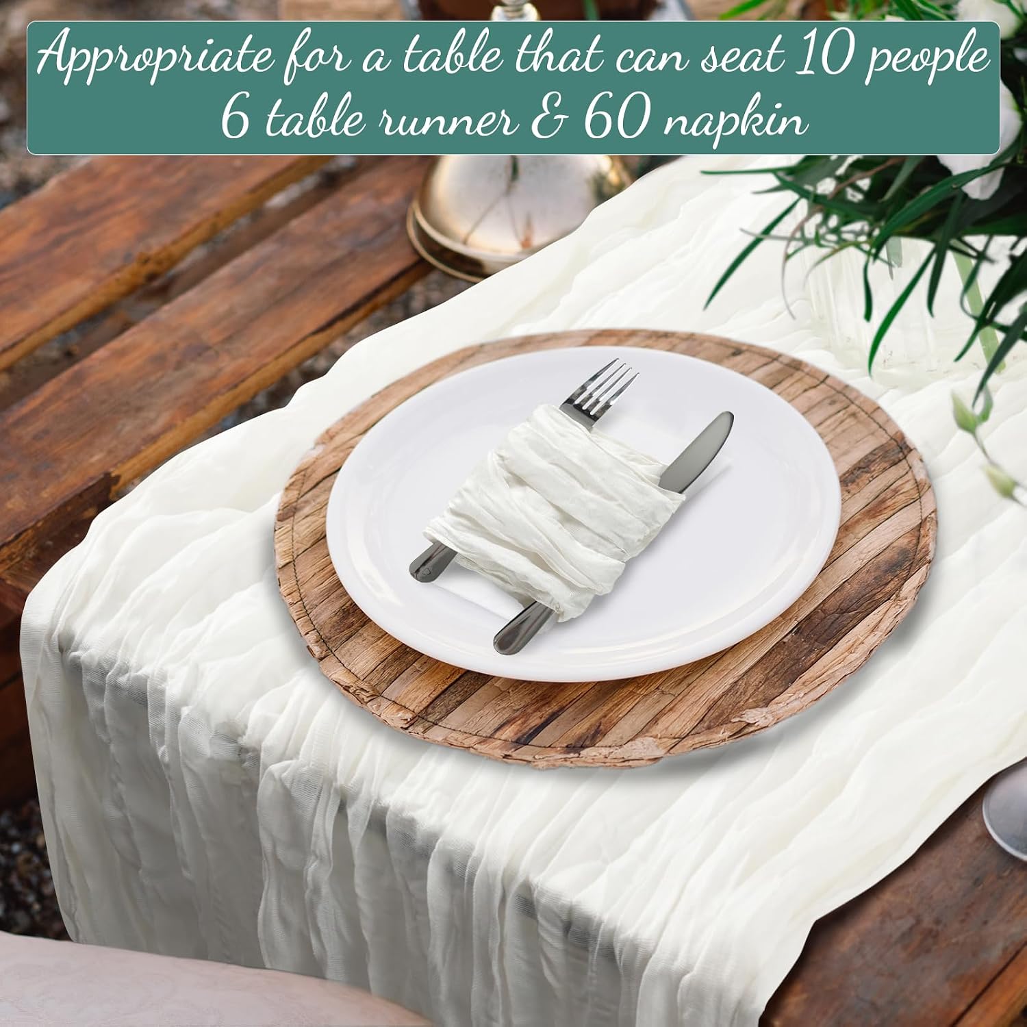 60PCS Ivory White Cheesecloth Napkins and 6PCS Table Runners Set, 19.69x19.69inch Rustic Wedding Napkins and 35x118inch Gauze Table Runner for Wedding Party Boho Table Decor