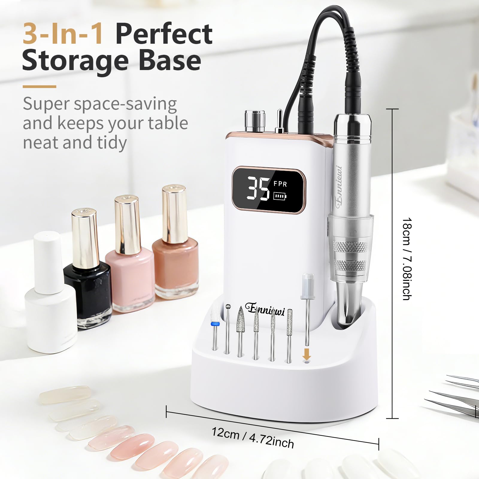 7-in-1 Torno para Uñas Profesional 35000 RPM, lima uñas electrica con Base de y 7 Brocas, para Uñas de Gel de Acrílico Eliminado, Manicure e Pedicure, Inicio / Salón, Blanco