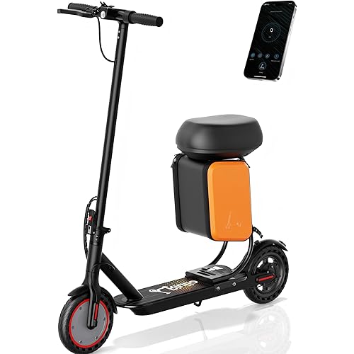 Electric Scooter with Seat for Adults, 350W/500W Motor, 8.5/10 inch Tires, 19/ 21MPH, 15/21/27Miles, Dual Suspension, Foldable E-Scooter with Seat and 11L Storage Bag, Smart App & Dual Braking