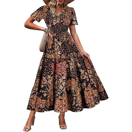 TIYOMI Women Plus Size Dress Boho V Neck Short Sleeve Beach Maxi Dresses Floral/Stripe/Leaves/Lemon XL-5XL