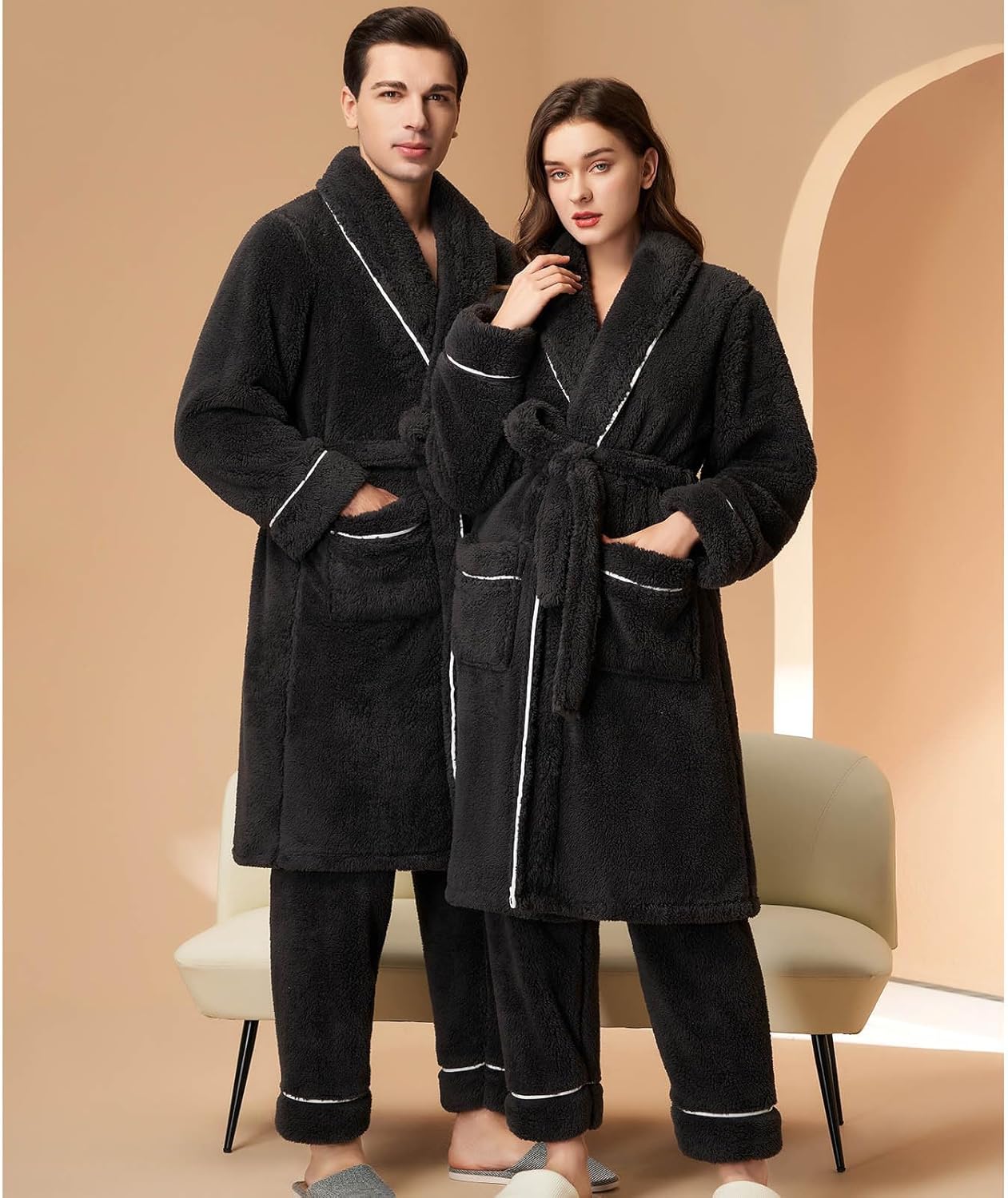 Women Fluffy Pajamas Set Fleece Lounge Sets Nightgown with Belt Pants Loungewear Sleepwear Winter Warm 2 Piece Outfit