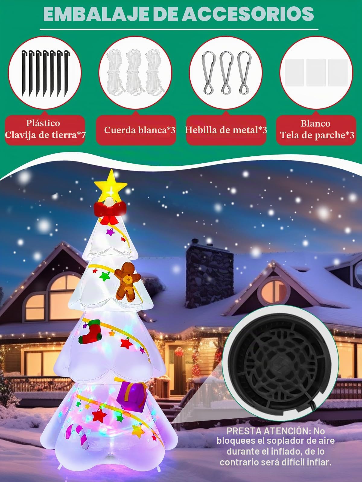 EBANKU Árbol de Navidad inflable blanco de 9 pies con caja de regalo, decoración interior para el hogar, familia, patio, césped